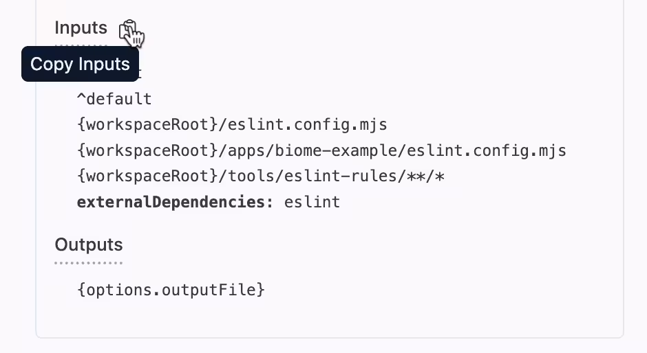 Screenshot of Nx Console showing the ability to copy inputs from a target